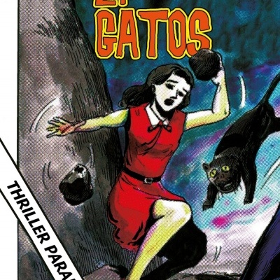 Capa de livro Ilha dos Gatos com mulher de vestido vermelho e gato preto