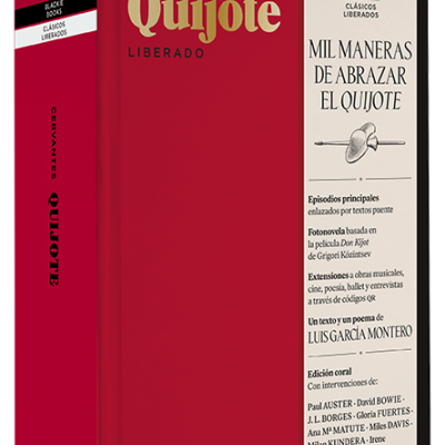 Caixa de livros vermelha e branca com texto em espanhol sobre Quijote