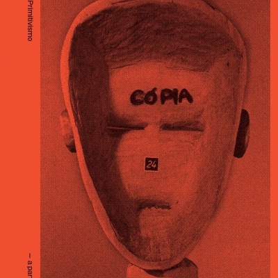 Capa de livro laranja com máscara de madeira e texto 'CÓPIA' e '24'