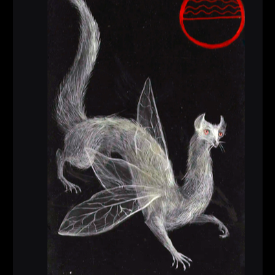 Ilustração de criatura fantástica com corpo de esquilo e asas transparentes em fundo preto com círculo vermelho