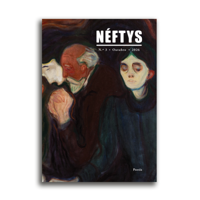 Capa da revista NÉFTYS com pintura expressionista de três figuras humanas em tons escuros e vermelhos.