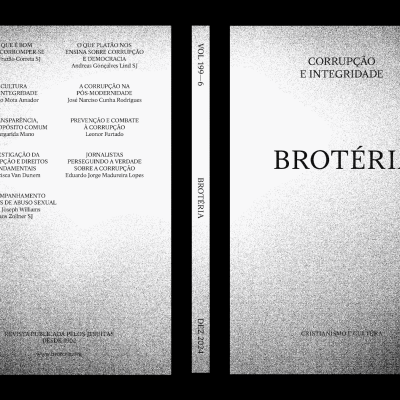 Capa, lombada e contracapa de livro cinzento com título 'CORRUPÇÃO E INTEGRIDADE BROTÉRIA' e nomes de colaboradores na contracapa