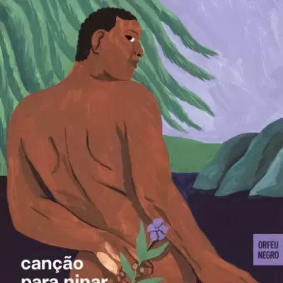 Capa de álbum com ilustração de homem nu visto de costas segurando flor roxa