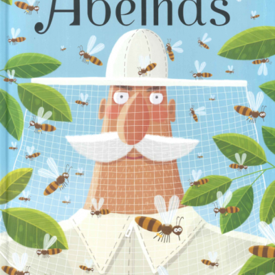 Ilustração de um apicultor com fato branco rodeado de abelhas e folhas, com título 'Abelhas'.