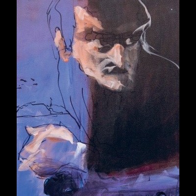 Pintura abstrata de retrato masculino em tons de azul, roxo e preto.