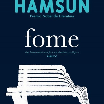 Capa do livro 'Fome' de Knut Hamsun com ilustração de banco branco em fundo azul escuro.