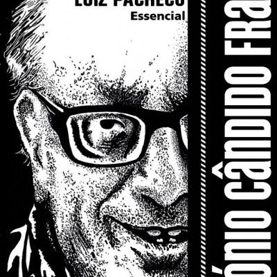 Capa de livro preto e branco com ilustração de rosto masculino e textos 'Luiz Pacheco Essencial' e 'Antônio Cândido Franco'