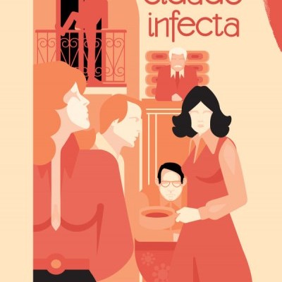 Ilustração com figuras humanas em tons vermelhos e texto 'cidade infecta' e 'Teresa Veiga'