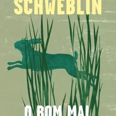 Capa de livro O BOM MAL com coelho azul entre folhas verdes