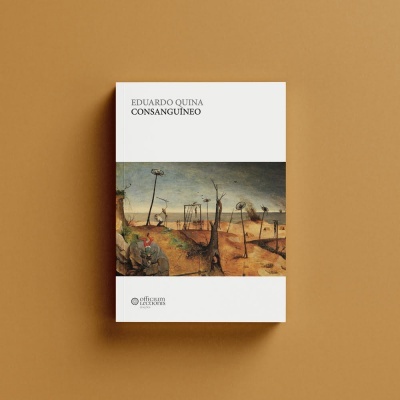 Livro Consanguineo de Eduardo Quina com capa branca e uma imagem de paisagem árida