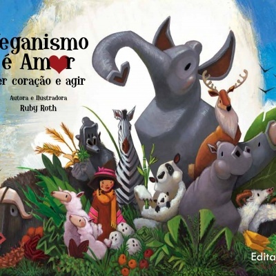 Ilustração colorida de animais com texto de livro sobre veganismo