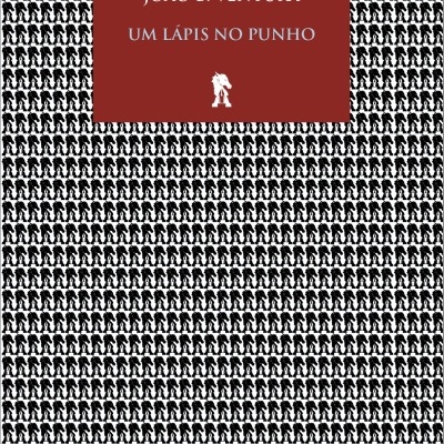 Capa de livro com padrão repetido preto e branco e texto em vermelho.