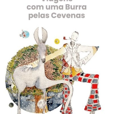Capa de livro com título, ilustração de homem e burra e selo editorial