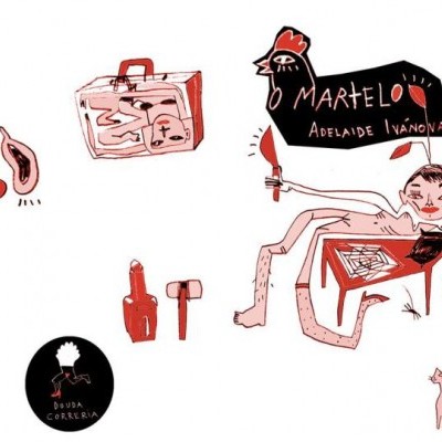 Desenho estilizado com figuras vermelhas, pretas e brancas, incluindo maleta, figura humana, faca, galinha com texto e gato.