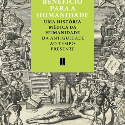 Capa de livro com ilustração médica histórica em preto e branco e texto em fundo verde