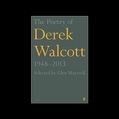 Capa de livro The Poetry of Derek Walcott com texto em amarelo e branco sobre fundo cinza.
