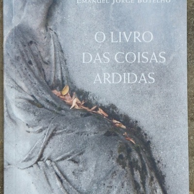 Capa de livro cinzenta com estátua de figura sentada e letras brancas