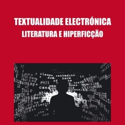 Capa de livro vermelha com título em branco, autor e imagem de silhueta com texto digital em preto e branco