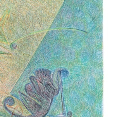 Capa de livro com desenho abstrato em tons de azul e verde e texto vermelho no topo.