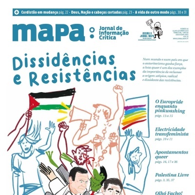 Capa do jornal mapa com ilustração de pessoas e bandeiras, texto dos artigos.