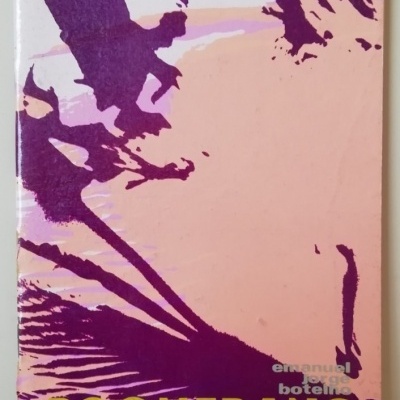 Capa de livro com design abstrato roxo e rosa com texto BOOMERANG amarelo e emanuel botelho cinza.