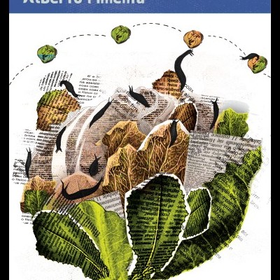 Capa de livro com folhas verdes e castanhas e texto AL Face-book Alberto Pimenta