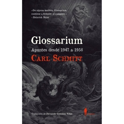 Capa de livro Glossarium de Carl Schmitt, fundo cinzento com ilustrações de criaturas e guerreiro.