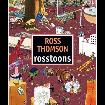 Capa de livro 'ROSS THOMSON rosstoons' com ilustração detalhada colorida de várias cenas pequenas