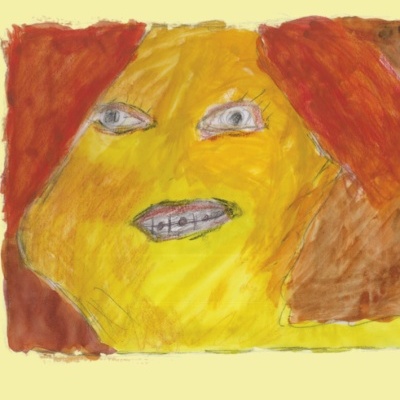 Pintura abstrata de um rosto amarelo com fundo rosa e texto em preto