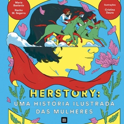 Capa de livro ilustrada com mulheres a cavalo e flores cor-de-rosa com texto HERSTORY