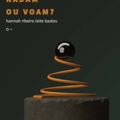 Capa de livro com título em castanho e branco e uma escultura abstrata com mola laranja e esfera preta.