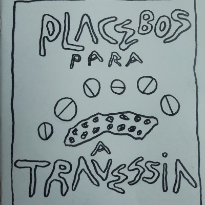 Desenho preto e branco com texto e formas geométricas e irregulares.