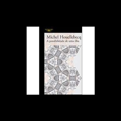 Capa de livro A possibilidade de uma ilha de Michel Houellebecq com rostos estilizados em cinza e bege