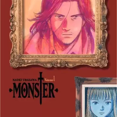 Capa do livro 'Naoki Urasawa Monster Volume 1' com ilustrações em molduras sobre fundo vermelho