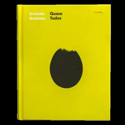 Capa de livro amarelo com texto e forma oval preta central