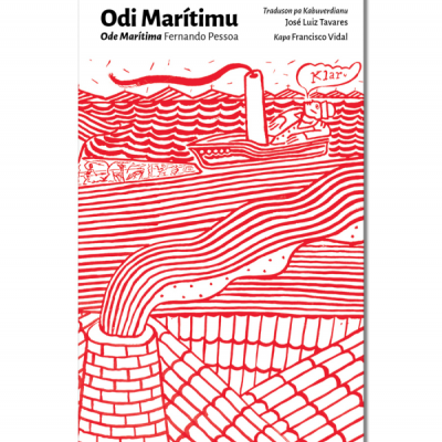 Capa do livro 'Odi Marítimu Ode Marítima Fernando Pessoa' com ilustração vermelha de barco, mar e chaminé