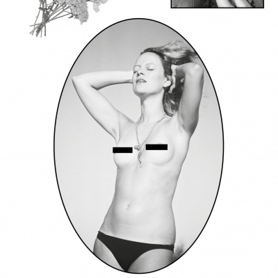 Retrato feminino de biquíni com elementos fotográficos em preto e branco e texto A MORTE DE RAQUEL Raquel Castro