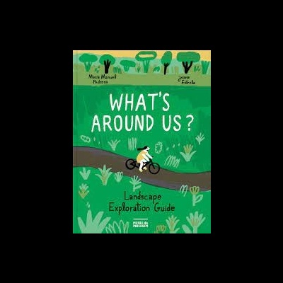 Capa de livro WHAT'S AROUND US ? com ilustração de bicicleta e floresta verde