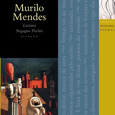Capa do livro 'Murilo Mendes' com ilustração surrealista e textos em amarelo e branco