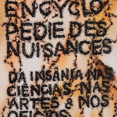 Texto composto por formigas pretas em fundo claro de tons bege e laranja