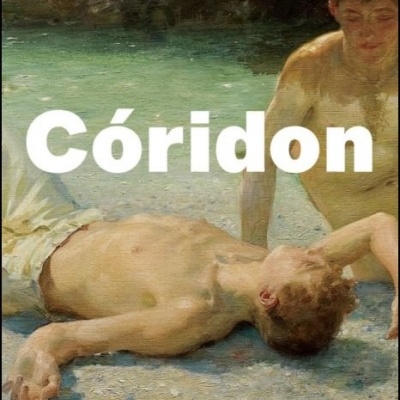 Capa de livro 'Córidon' com pintura de dois jovens rapazes na praia