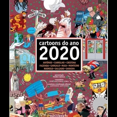 cartaz colorido com várias caricaturas sobre COVID-19 e texto 'cartoons do ano 2020'