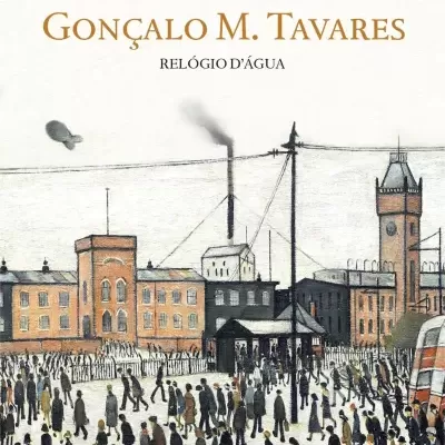 Capa do livro com ilustração de multidão e edifícios industriais antigos