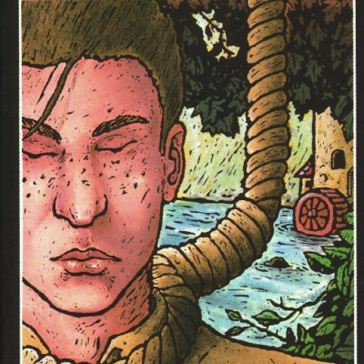 Capa de livro 'PERTURBAÇÃO' de Thomas Bernhard com ilustração de rosto masculino e corda no pescoço junto a um rio