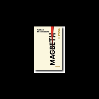 Capa de livro com texto 'William Shakespeare MACBETH' e fundo bege com triângulo vermelho