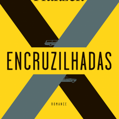 Capa de livro 'ENCRUZILHADAS' de Jonathan Franzen com fundo amarelo e cruzes preto e cinza
