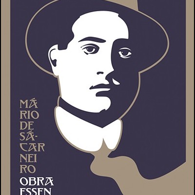 Pôster com retrato estilizado de homem de chapéu e textos sobre Mário de Sá-Carneiro e edição do centenário