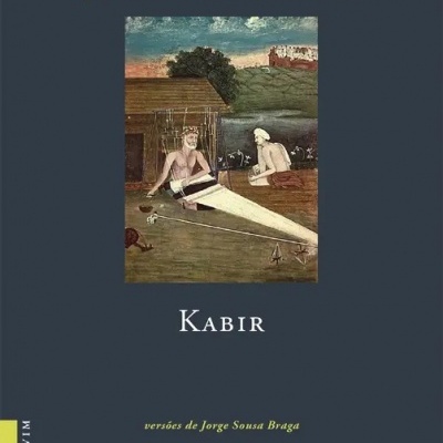 Capa de livro azul com título em amarelo, pintura central e nome Kabir