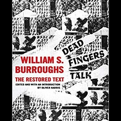 Capa do livro 'Dead Fingers Talk' de William S. Burroughs com texto em vermelho e preto sobre fundo padrão abstracto preto e branco.