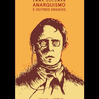 Capa de livro laranja com retrato estilizado em castanho e creme e textos em letras maiúsculas.